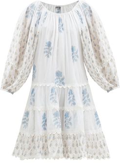 Tiered Floral-print Cotton-voile Mini Dress - Womens - Blue White