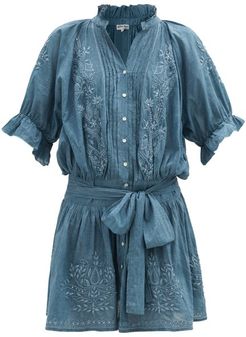 Floral-embroidered Cotton Mini Dress - Womens - Blue