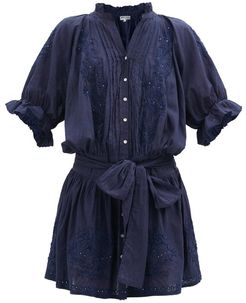 Embroidered Cotton-voile Dress - Womens - Navy