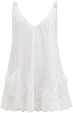 V-neck Hand-embroidered Cotton-voile Mini Dress - Womens - White