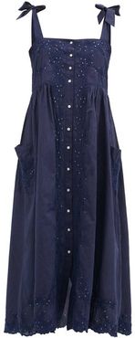 Floral-embroidered Shoulder-ties Cotton Midi Dress - Womens - Navy
