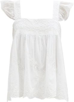 Ruffle-strap Embroidered Cotton Top - Womens - White