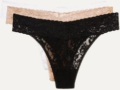 Signature Set Of Three Original-rise Stretch-lace Thongs - Black