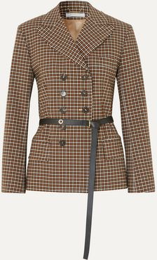 Belted Double-breasted Checked Woven Blazer - Brown