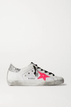 Superstar Distressed Glittered Leather And Canvas Sneakers - White