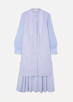 Asymmetric Two-tone Cotton-poplin And Crepe De Chine Midi Dress - Blue