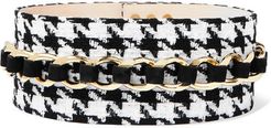 Chain-embellished Houndstooth Tweed And Suede Waist Belt - Black