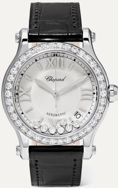 Happy Sport Automatic 36mm Stainless Steel, Alligator And Diamond Watch - Silver
