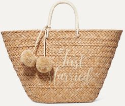 St Tropez Pompom-embellished Embroidered Woven Straw Tote - Sand