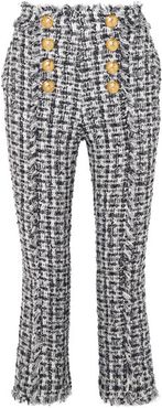 Cropped Button-embellished Tweed Bootcut Pants - Blue