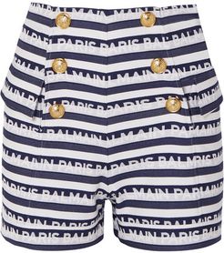 Button-embellished Striped Cotton-twill Shorts - Navy