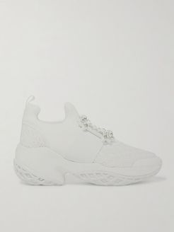 Viv Run Crystal-embellished Neoprene, Mesh And Leather Slip-on Sneakers - White