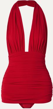 Bill Ruched Halterneck Swimsuit - Red