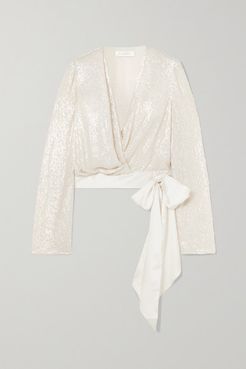 Penelope Satin-trimmed Sequined Silk-chiffon Wrap Top - Ivory