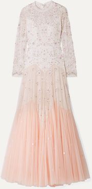 Pearl Rose Cutout Embellished Embroidered Tulle Gown - Pastel pink
