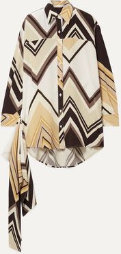 Draped Printed Silk Crepe De Chine Shirt - Brown