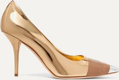 Tape-trimmed Metallic Leather Pumps - Gold