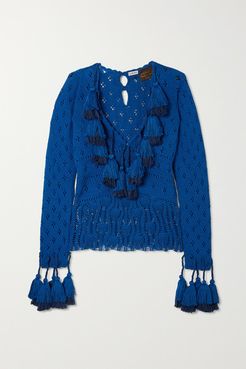 Tasseled Pointelle-knit Cotton Sweater - Blue