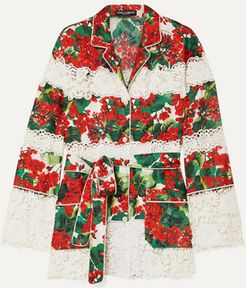 Belted Floral-print Cotton-blend Twill And Guipure Lace Shirt - Red