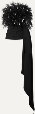 Strapless Draped Feather-embellished Tulle And Ruched Wool-blend Top - Black