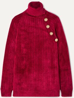 Button-embellished Chenille Turtleneck Sweater - Red