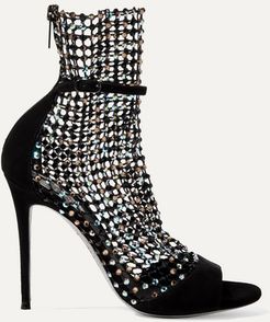 Crystal-embellished Mesh And Suede Sandals - Black