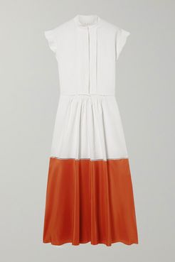 Two-tone Pleated Linen And Silk Crepe De Chine Midi Dress - White