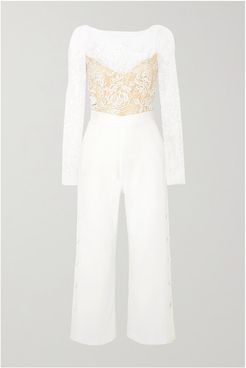 Braham Cropped Embroidered Tulle And Crepe Jumpsuit - White