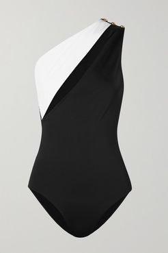 One-shoulder Button-embellished Cutout Swimsuit - Black