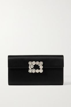 Flower Crystal-embellished Leather Clutch - Black