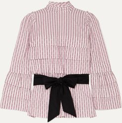 Mademoiselle Belted Tiered Striped Fil Coupé Blouse - Lilac