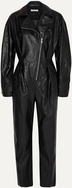 Embroidered Crinkled Faux Leather Jumpsuit - Black