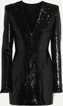 Lace-trimmed Sequined Crepe Mini Dress - Black