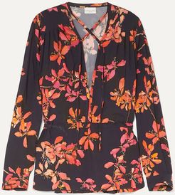 Gathered Floral-print Crepe De Chine Blouse - Black