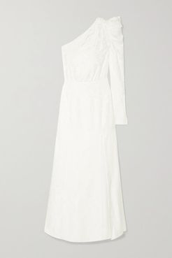 One-shoulder Ruched Silk-jacquard Gown - Ivory