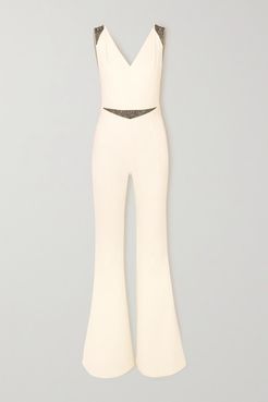 Draped Embellished Crepe Jumpsuit - Ivory
