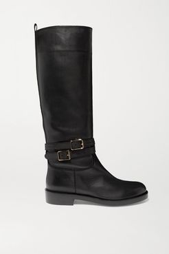 Buckled Leather Knee Boots - Black