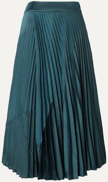 Paneled Pleated Crepe And Crinkled-satin Midi Skirt - Petrol
