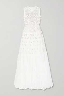 Ruffled Embellished Tulle Gown - Ivory