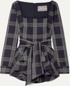 Belted Checked Woven Peplum Blouse - Navy