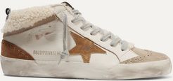 Mid Star Distressed Leather, Suede And Shearling Sneakers - Beige