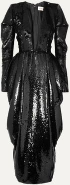 Draped Sequined Chiffon Gown - Black