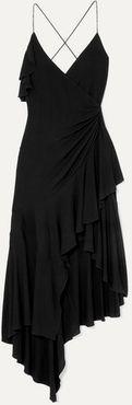 Crystal-embellished Wrap-effect Ruffled Jersey Dress - Black