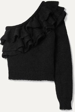 One-sleeve Ruffled Knitted Sweater - Black