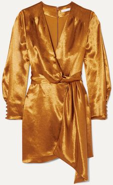 Draped Wrap-effect Satin Mini Dress - Bronze