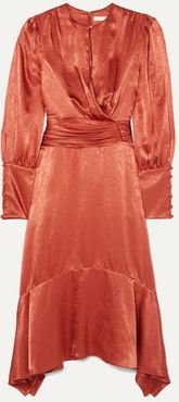 Ruched Hammered-satin Midi Dress - Orange