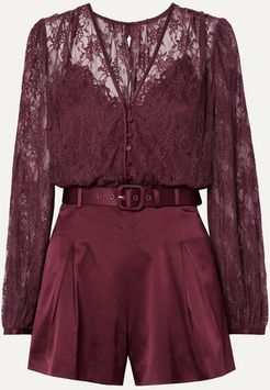 Belted Satin And Stretch-silk Lace Playsuit - Burgundy