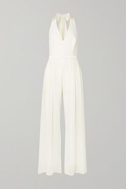 Layered Satin-trimmed Crepe And Chiffon Halterneck Jumpsuit - White