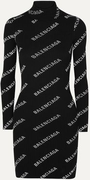 Printed Ribbed-knit Mini Dress - Black