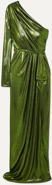 Eris One-sleeve Draped Lamé Gown - Green